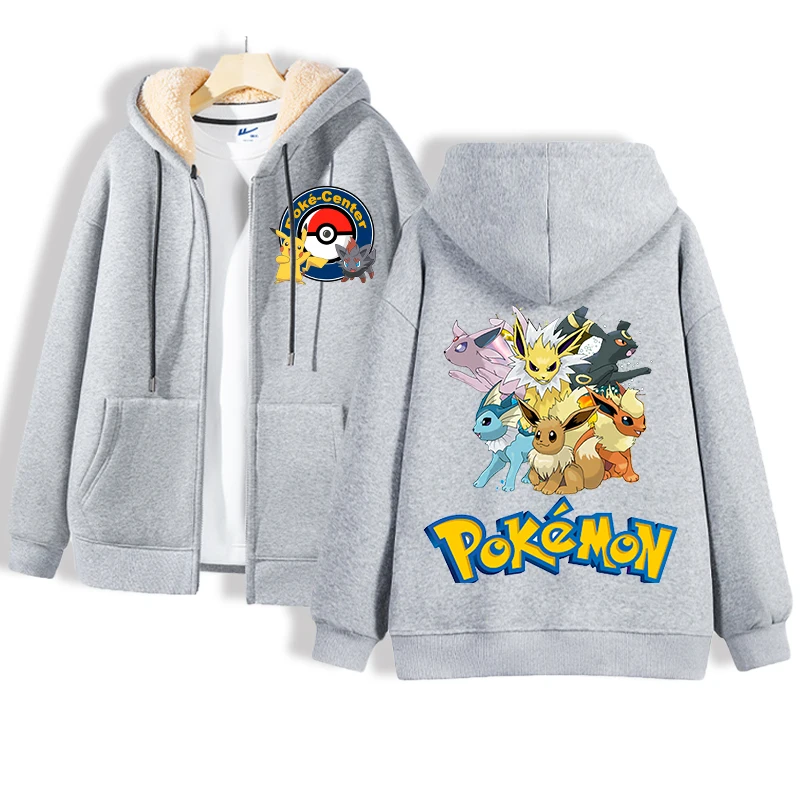 Pokemon Lamb Wool Coat for Men Women Pikachu Anime Cartoon Fashion Zipper Hooded Jacket Boys Girls Winter Warm Hip Hop Coats