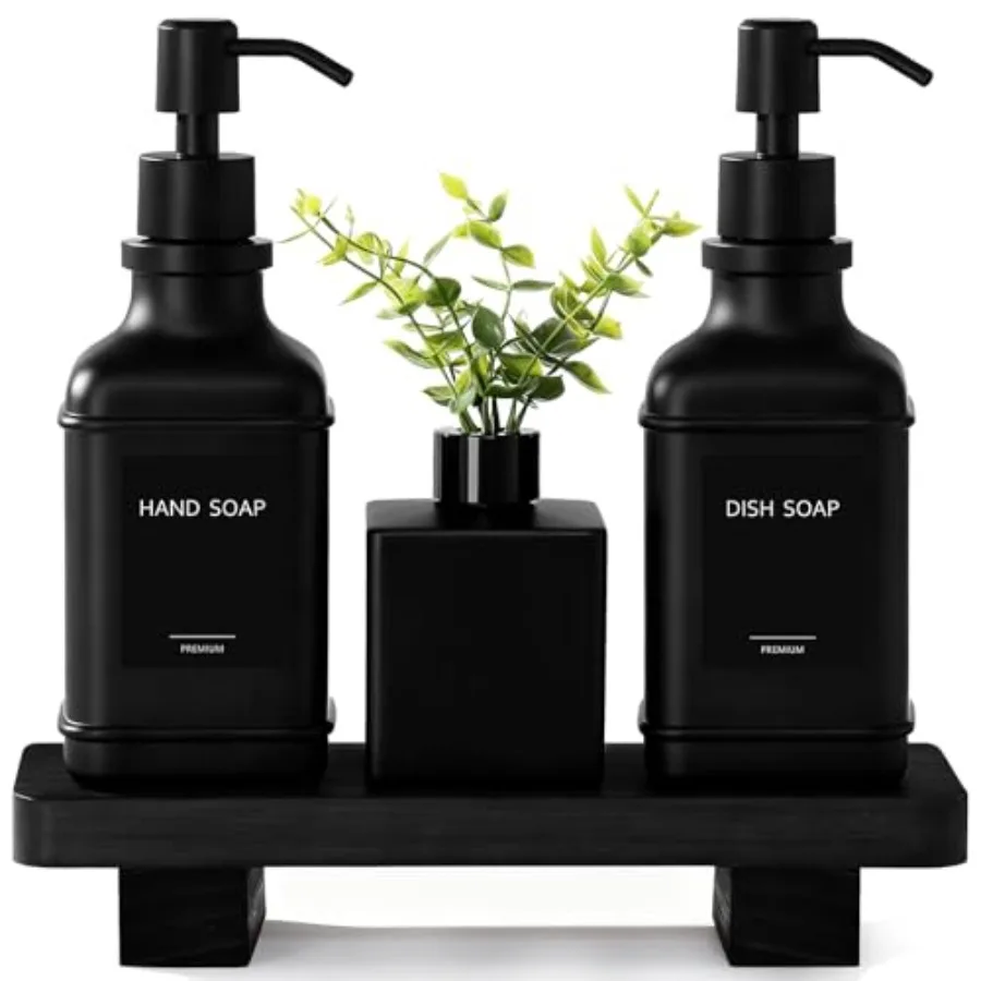 

Modern Kitchen Soap Dispenser Set with Wood Tray, Glass Soap Dispenser with Pump, Decorative Hand and Dish Soap Dispenser Set,