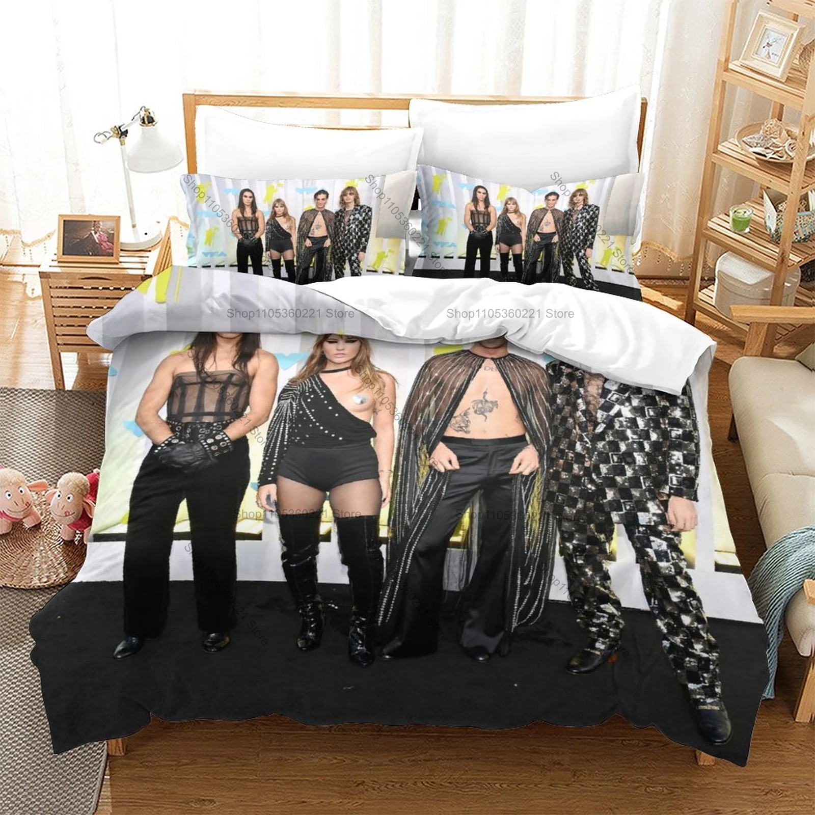 Maneskin Print Bedding Duvet Cover Set 3 Pieces Music Band Bed Set Bedroom Decor Gift For Fans Rock Band Theme 3Pcs
