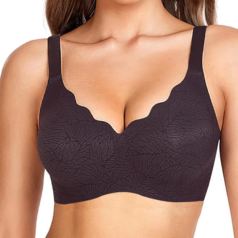 Women's Jacquard Wire-free Seamless Bra 3/4 Cup Thin Mold Solid Color Comfortable Underwear Plus Up Three-row Buttons Bra