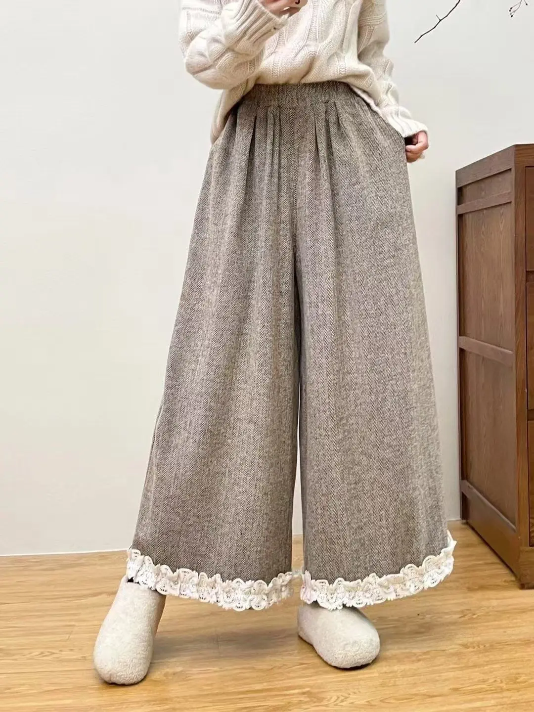 New Autumn Cotton Casual Pants, Women Elastic Waist Ruffles Trousers, Mori Girl Loose Vintage Wide Leg Pants, Winter B4N027CC