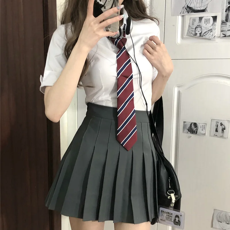 Women's Sexy JK Uniform Summer Bubble Sleeve Slim Fit Shirt Academy Costume Top Skirt Tie Full Set Outfits Pleated Skirts