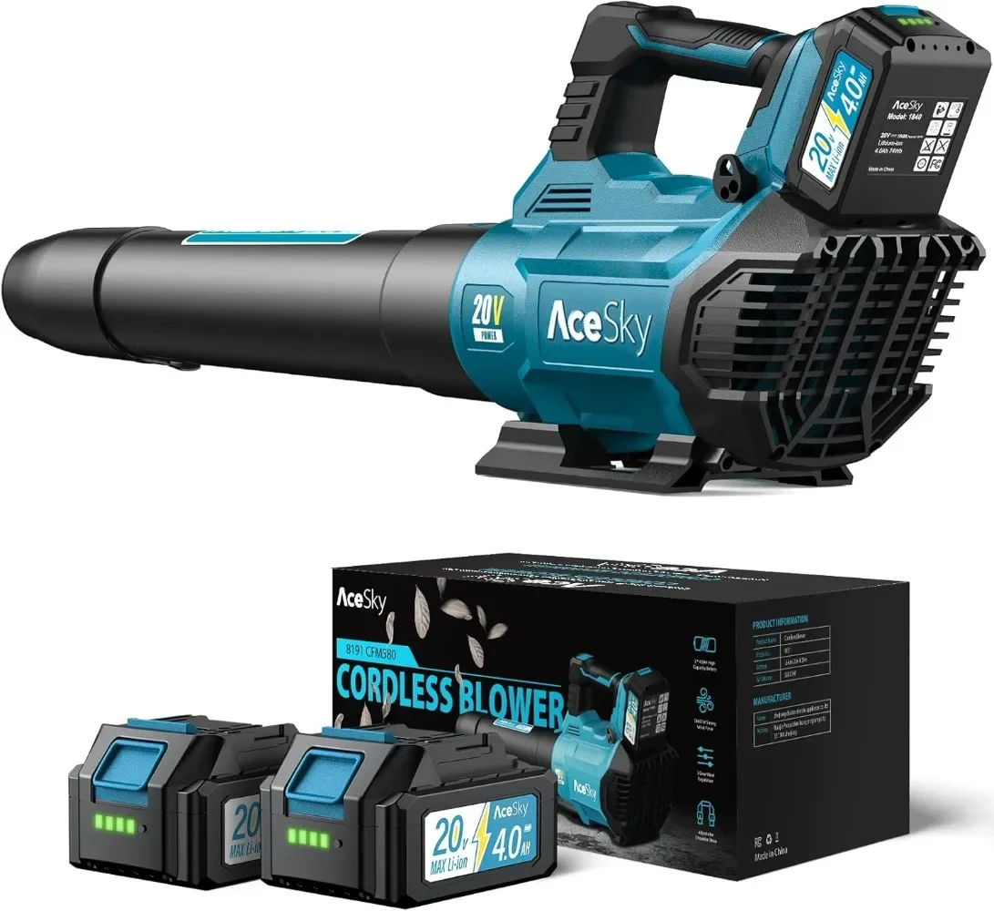 Leaf Blower Cordless,580CFM/160MPH & 3 Speed Levels,with 2 * 4.0Ah Battery Powered, Blowers for Lawn Care,with Extension Nozzle