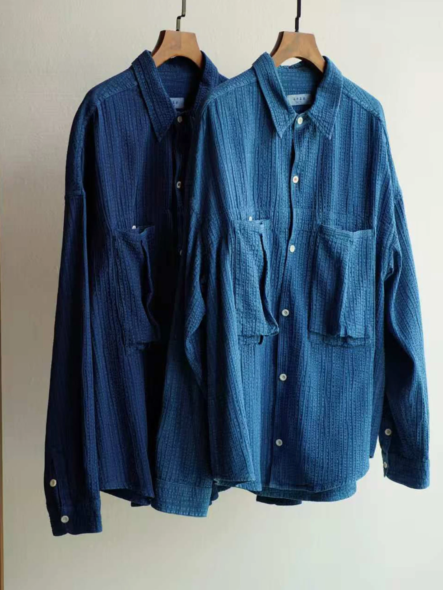 

Loose Casual Plant Dyeing Handmade Ancient Method Double-sided Embroidery Thin Outerwear Deep Light Blue Cotton Shirt for Youth