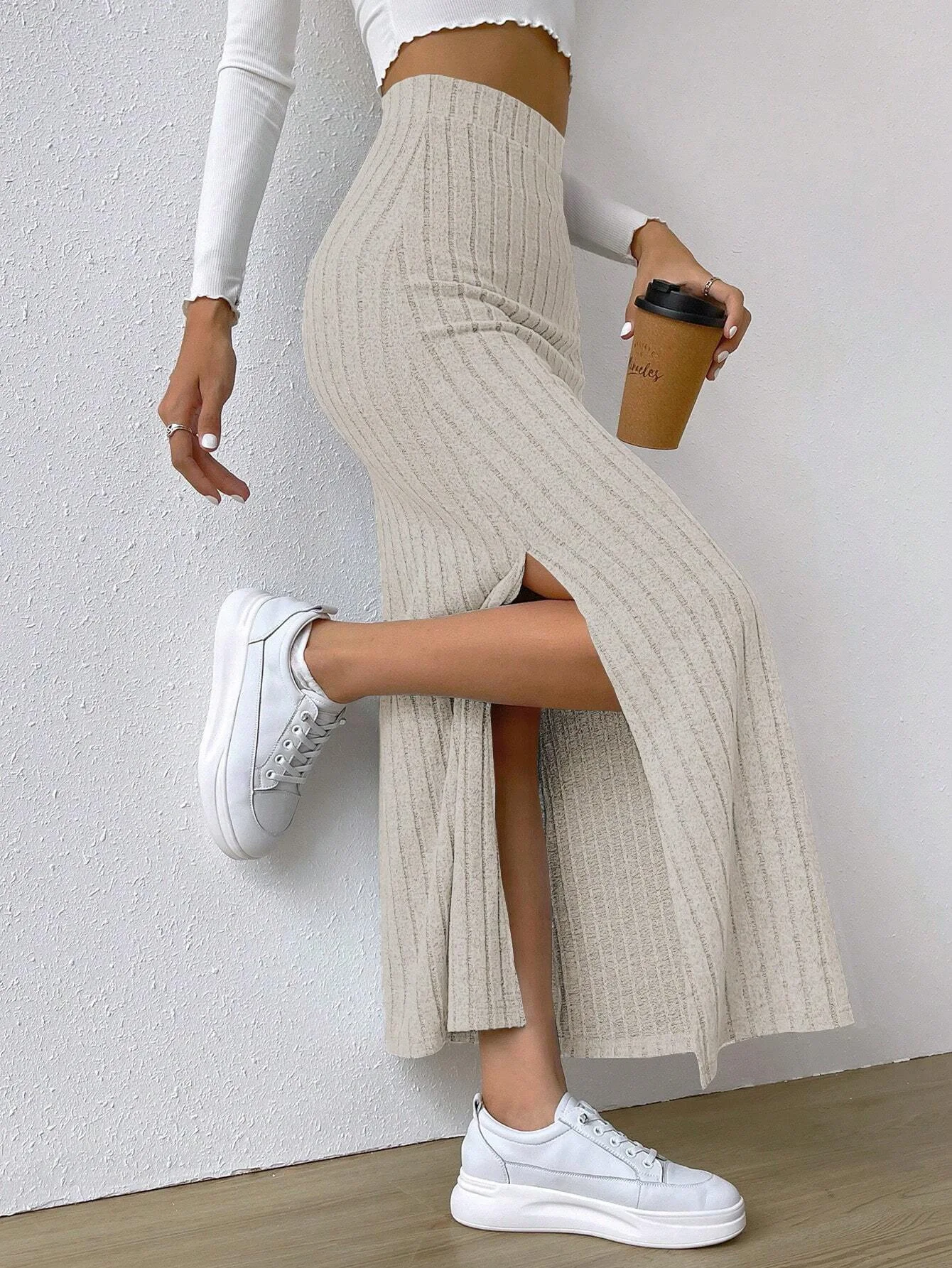 Sexy Split Bodycon Long Skirt for Women Autumn Elegant Slim Fit High-Waisted Skirts Female Solid Color Knitted Skirt