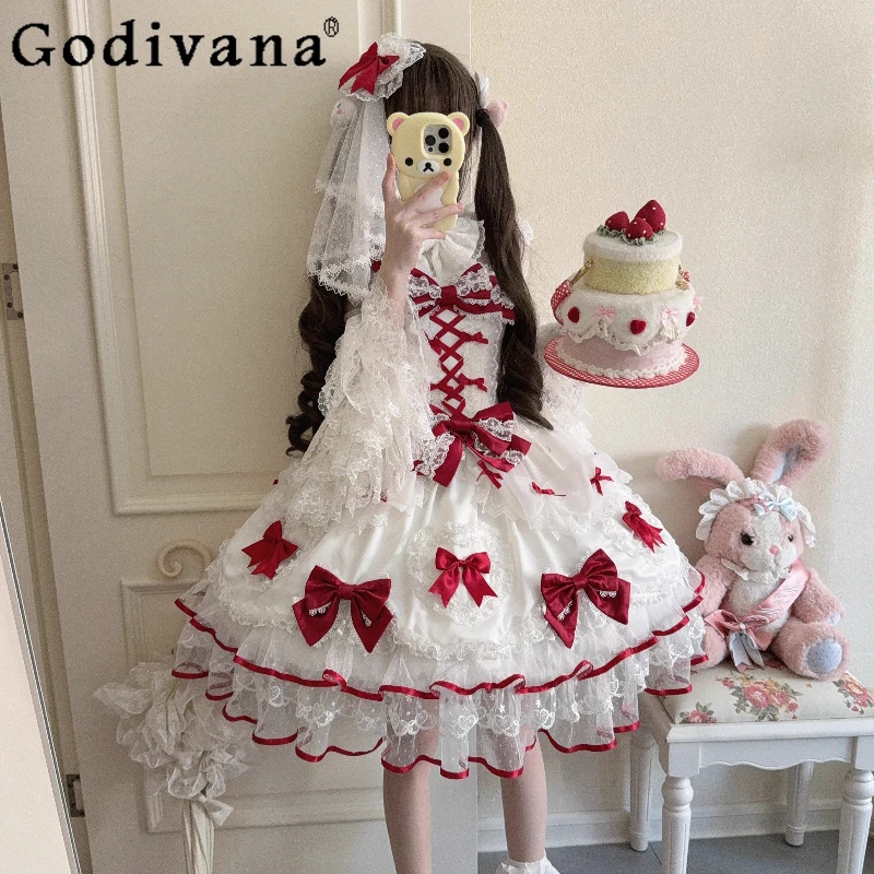 الأصلي الحلو الفتيات Y2k لوليتا فستان حفلة عيد ميلاد JSK الأميرة نمط فستان المرأة سليم صالح القوس الدانتيل فستان بكتافة عيد الميلاد #1