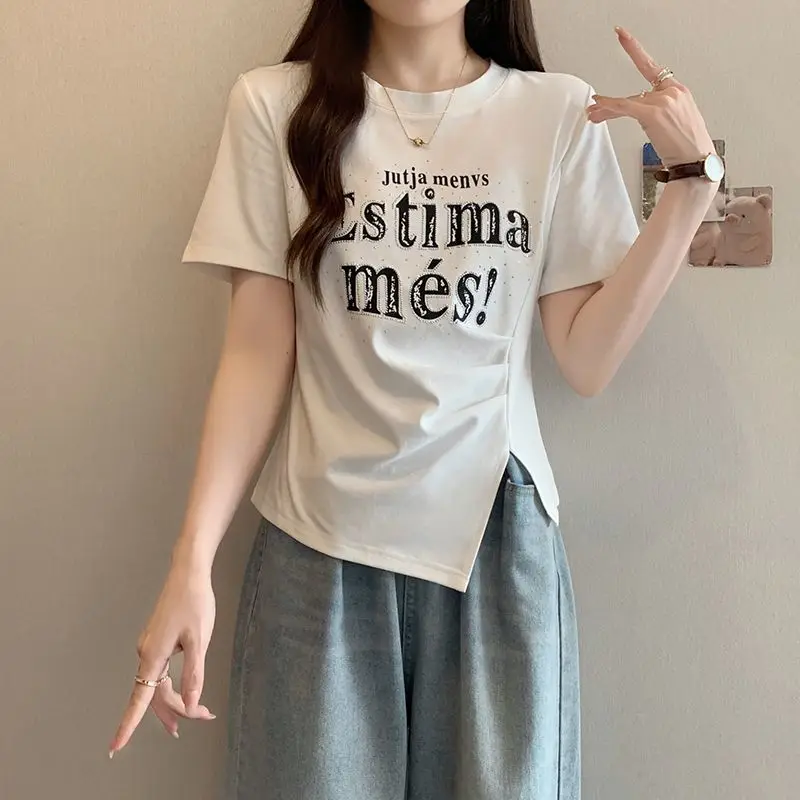 Korean Basic Letter Printed Pullovers Women's Clothing Fashion Folds Irregular Summer Short Sleeve Casual Asymmetrical T-shirts