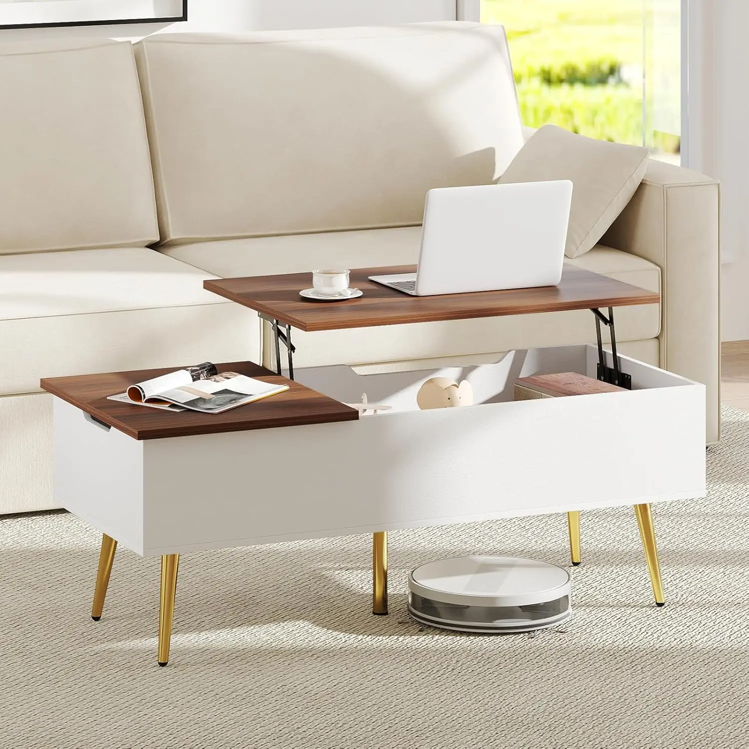 

Lift Top Coffee Table, Wood Center Table With Storage, Lift Tabletop, 2 Hidden Compartments & Tapered Metal Legs, Coffee Tables