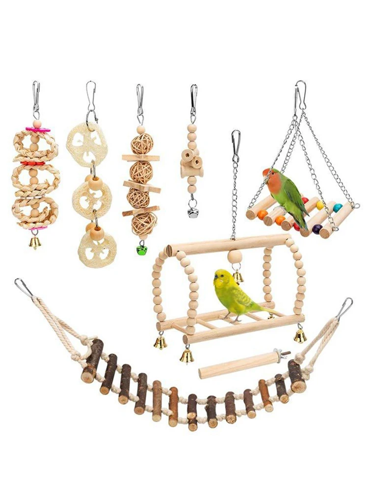 8PCS Set Kombination Papagei Vogel Spielzeug Holz Artikel Biss Haustier Vogel Spielzeug Für Papagei Ausbildung Vogel Spielzeug Schaukel Ball glocke Stehend – Detail 1