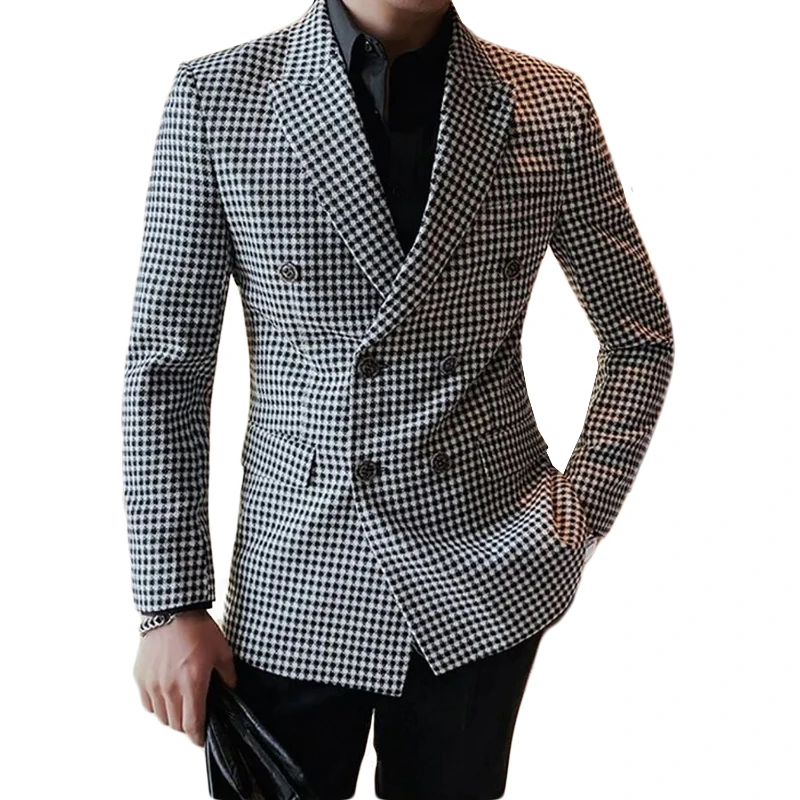 Double Breasted Plaid Suits for Men 2024 Slim Fit 2 Pcs Houndstooth Check Wedding Groom Tuxedo Fashion Costumes (Jacket + Pants)