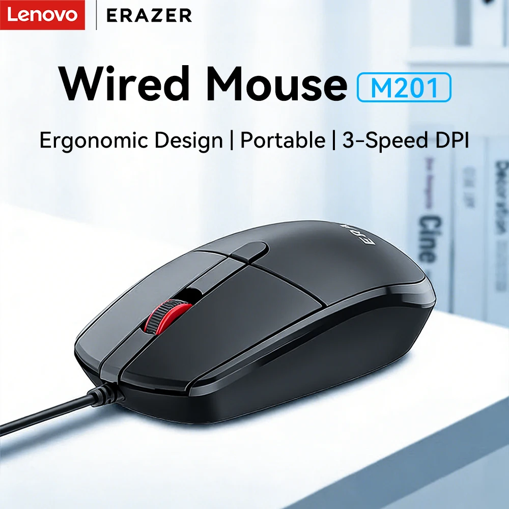 Lenovo ERAZER Wired USB Optical Mouse, 3 Adjustable DPI Ergonomic Symmetric Mice for Office Home Laptop Desktop
