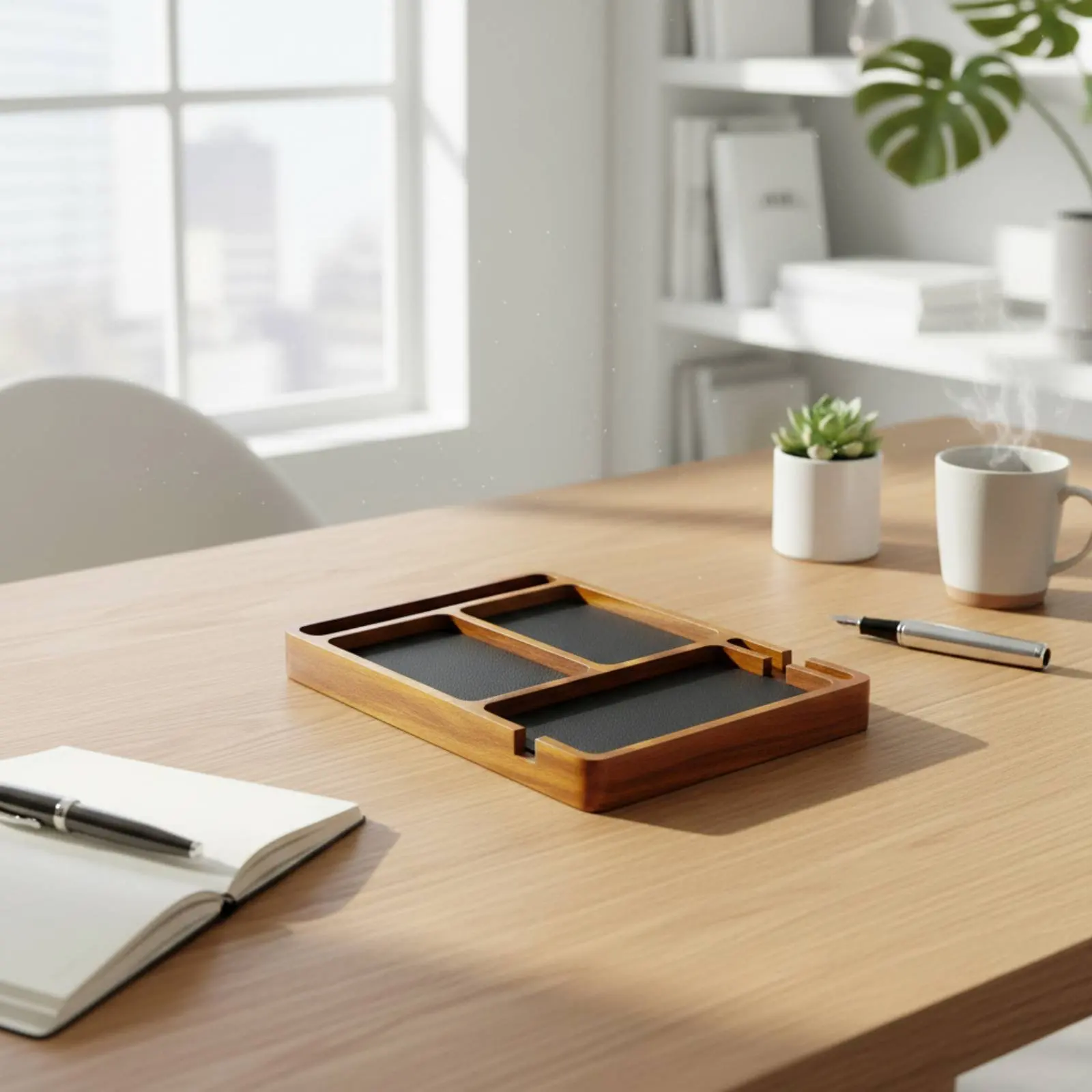 Wooden Valet Tray Polished Surface Desktop Storage Tray Charging Cutouts Modern Minimalist Design for Desk, Office