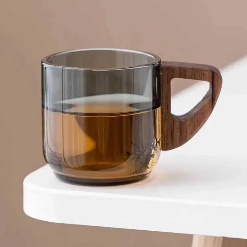 Tea Cup Glass Small Tea Cup with Handle Walnut Wood Anti Scald Home Office Light Luxury High Grade Transparent Water Cup