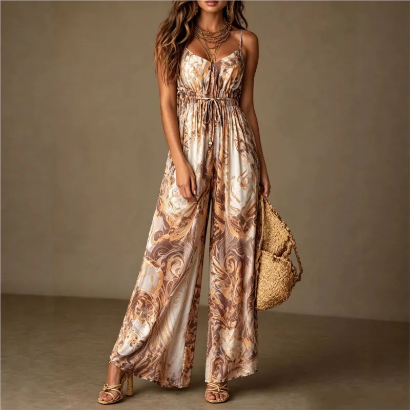 Bohemian Fashion Retro Printed Women's Jumpsuit Summer Sexy Suspender High Waist Lace Up Design Jumpsuits Lady Vacation Clothing
