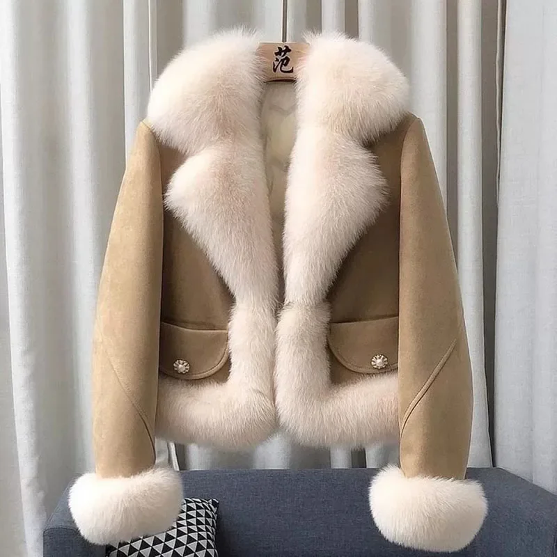 Women's High-End Luxury Faux Fox Short Cotton Padded Coat New Top Casual Outwear Suede Long Sleeve Winter Fashion Jacket XQ68