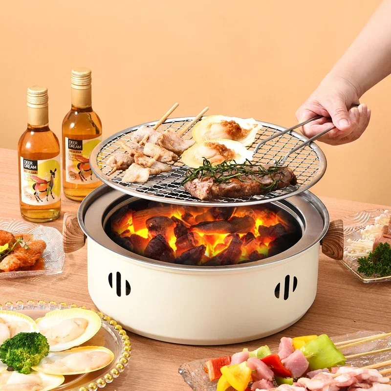 (without carbon) 28cm Camping Kitchen Portable Round Grill Outdoor Carbon fire Cooking BBQ Tools Baking Pan Folding Bbq Grills