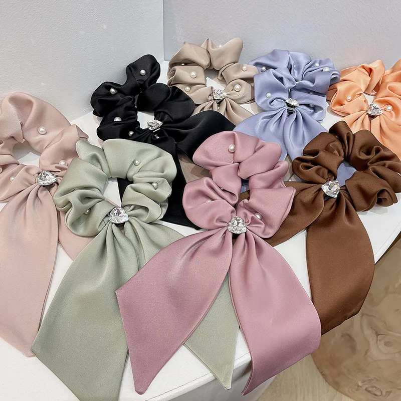 Hot Sale Satin Nail Bead Heart Rhinestones Bowknot Hair Scrunchies Hair Long Tail Hair Clip Back Head Solid Color For Woman Girl