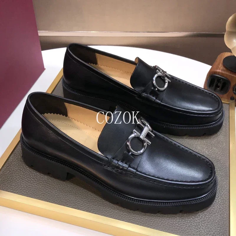 2024 New Business Casual Leather Top Layer Cowhide Thick Sole Raised Shoes Simple and Fashionable Fashion Leather Shoes