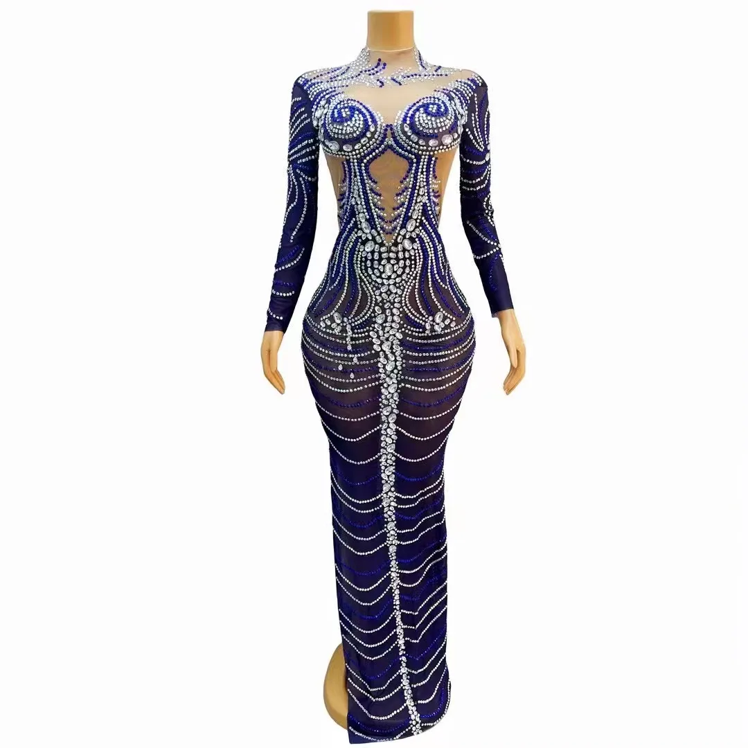 

Silver Crystals Birthday Celebrate LongDress Blue Outfit Evening Club Costume Transparent Mesh Rhinestones Photo ShootDress