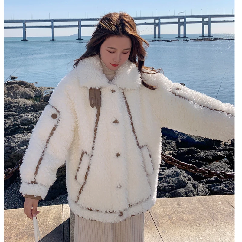 2022 Autumn Winter Women's New Jacket Vintage Short Lamb Plush Coat Female Single-Breasted Korean Loose Lamb Fur Chic Outerwear