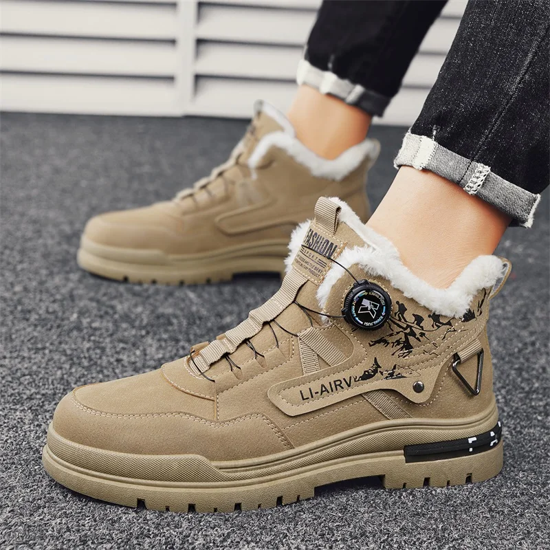 New Leather Men's Boots 2024 Winter Platform Warm Fur Ankle Short Lace Up Fashion Casual Work Shoes Botas Platform Boots