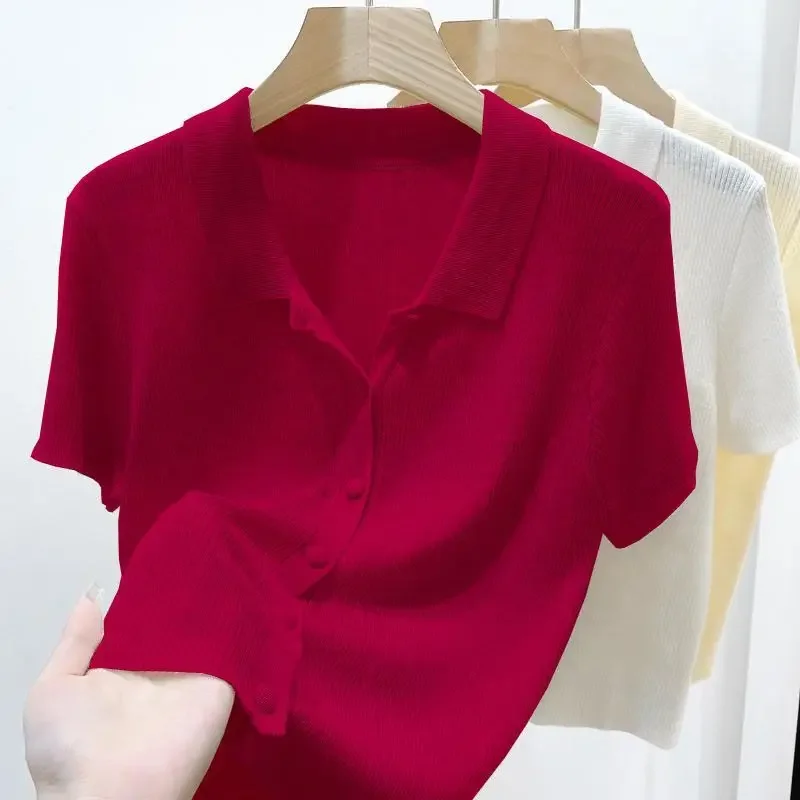 

Women's Summer Temperament Short Sleeve Solid Color Versatile Cropped Cardigan Top Thin Polo Neck Knit Sweater