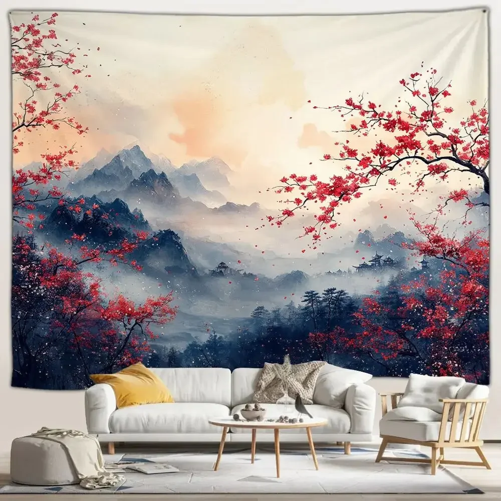 Oriental Scenery Tapestry Cherry Blossom Chinese Architecture Wall Hanging Art for Living Room Bedroom Home Decoration