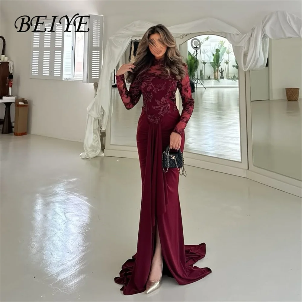 

Вечернее платье BEIYE в классическом стиле с кружевом, длинными рукавами, силуэтом «русалка», высоким воротником, разрезом, для выпускного вечера, нарядное платье, индивидуальный пошив (платья для торжеств)
