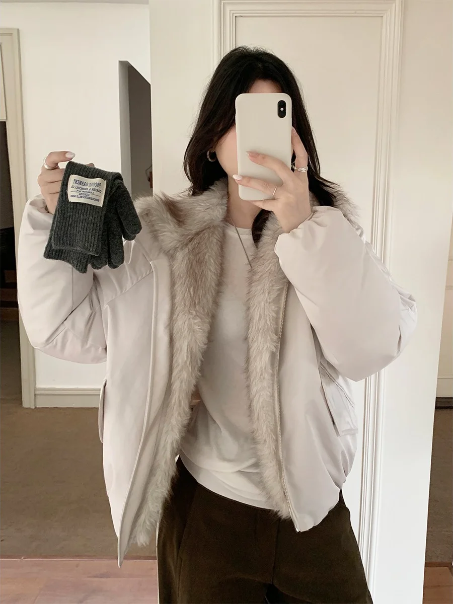 

Sweetknit ort Puffer Jaet Loose Fit with Fur Collar Stand Collar Cotton Coat for Petite Women Winter Warm Zipper Closure