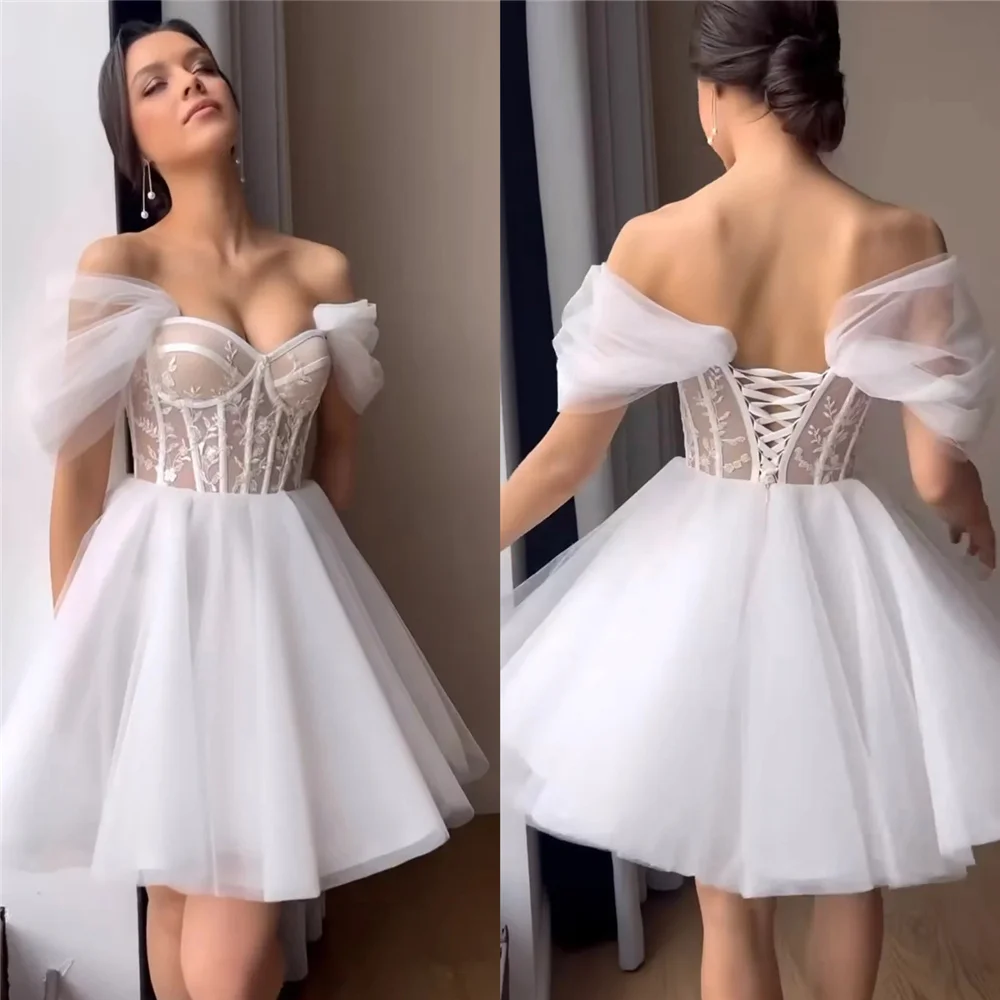 

Short Bride Wedding Dress for Women Appliques Lace Sweetheart Corset Back Formal Party Dress A Line Princess Bridal Gowns