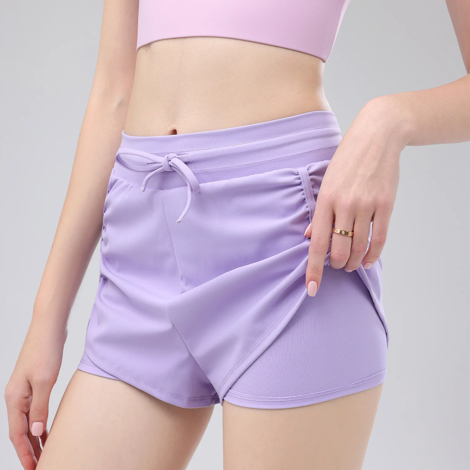 

Fake Two Pieces Women Yoga Drawstring High Waist Shorts Running Training Loose Breathable Casual Anti-emptied Shorts