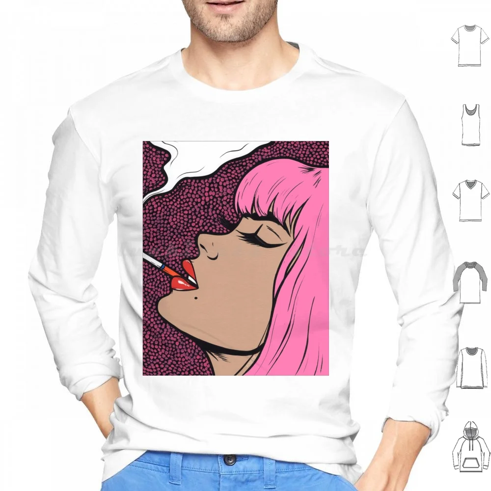 Pink Smoking Comic Girl Hoodies Long Sleeve Sad Woman Art Cigarette Girl Comic Book Style Vintage Modern Art Original