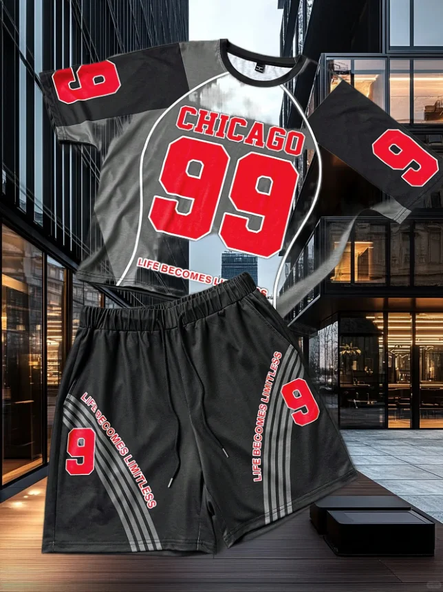 

25/26 New Summer Set Men's T-shirt Trendy American Street Printed Round Neck Men's Set Trendy Handsome Sports Two Piece Set