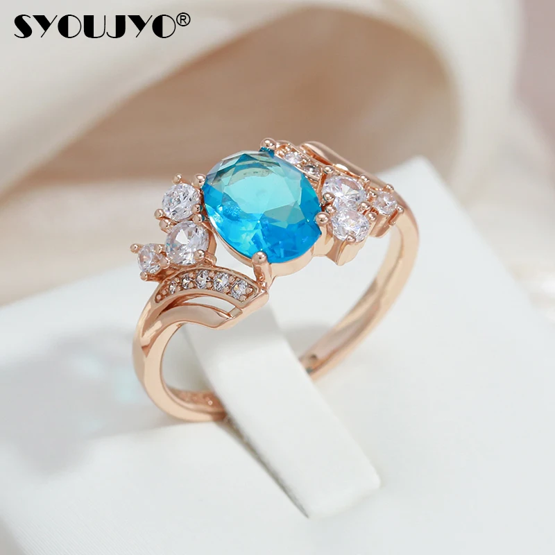 SYOUJYO Shiny Blue Oval Natural Zircon Rings For Women Peach Heart Cutting 585 Rose Golden Wedding Luxury Jewelry