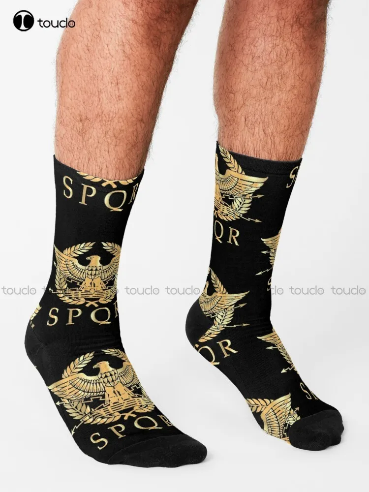 Spqr- Roman Empire Standard Eagle Emblem Vintage Gold Shield Socks Black Football Socks Comfortable Best Girls Sports Funny Gift