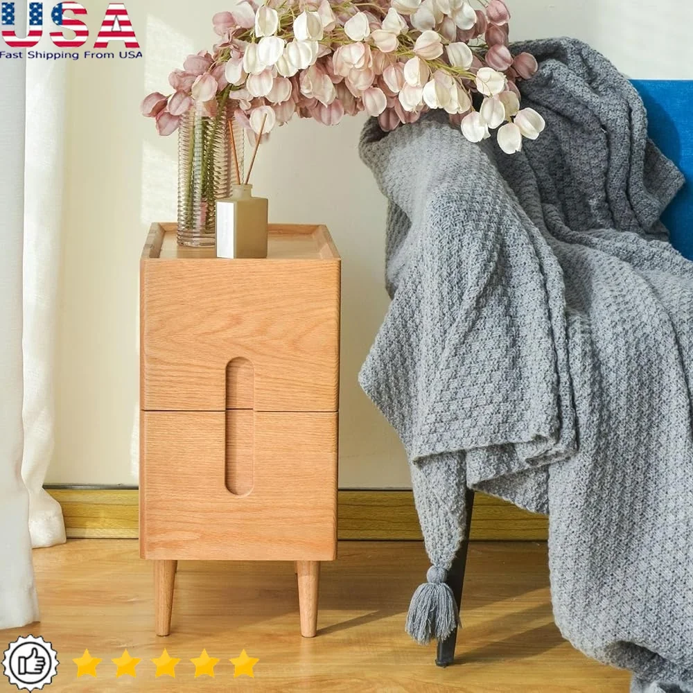 

Mid Century Modern Nightstand Minimalist Side Table with 2 Drawers Space Saving Design Durable Solid Oak Wooden Bedroom Storage