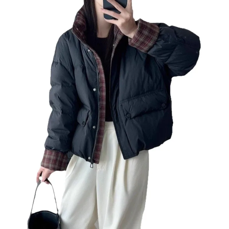 المرأة خليط اللون منقوشة قصيرة أسفل سترة فضفاضة عادية الوقوف طوق الشتاء الأبيض بطة أسفل سترة منفوخة النساء JK-237 #5