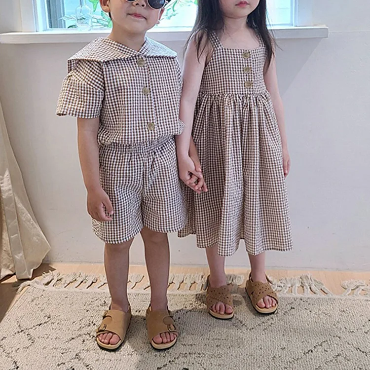 Brother Sister Clothes Set College Plaid Girls Suspenders Long Skirt Boys Two Piece Plaid Suit Summer Sailor Collar Boy\'s Suit