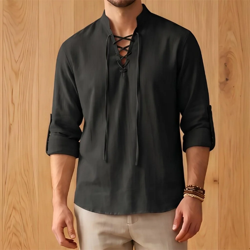 Men's Long Sleeve T-Shirt Vintage Pirate Medieval Viking Cosplay Shirt Fashion Lace Up Design Henley Neck Tops Party Costume