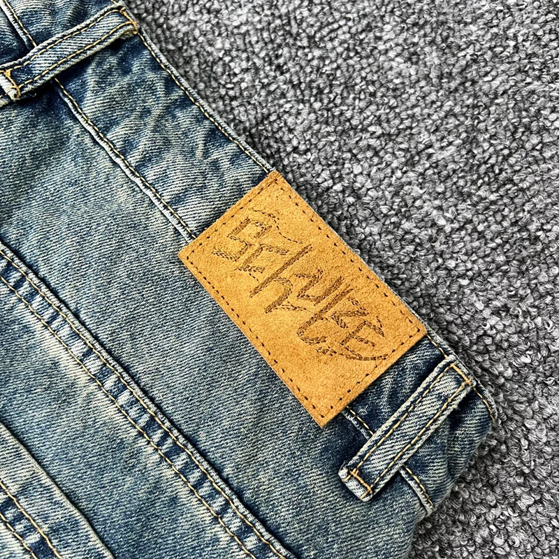 Derschutze Jeans High Street Men Women Washed Retro Embroidered Pattern Printed Straight-leg Denim Trousers Real Photo