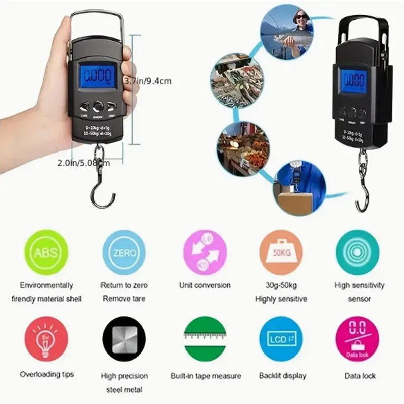 50kg/10g Portable LCD Electronic Hand Scale Travel Hanging Scale with 100cm Long Retractable Measuring Tape