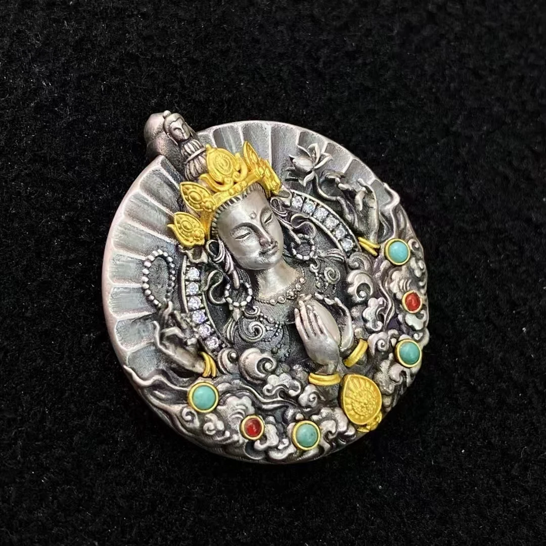 Precision inlay Silver Green Tara Four Armed Guanyin Bodhisattva The Yellow God of Wealth Pendant Tibetan diy for Necklace