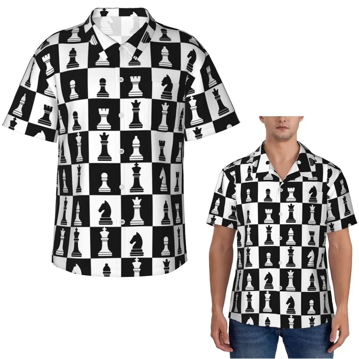 Black And White Chess Board Pattern Hawaiian Shirts Casual Men Short Sleeve Shirt for Summer Beach Men's Lapel Tops