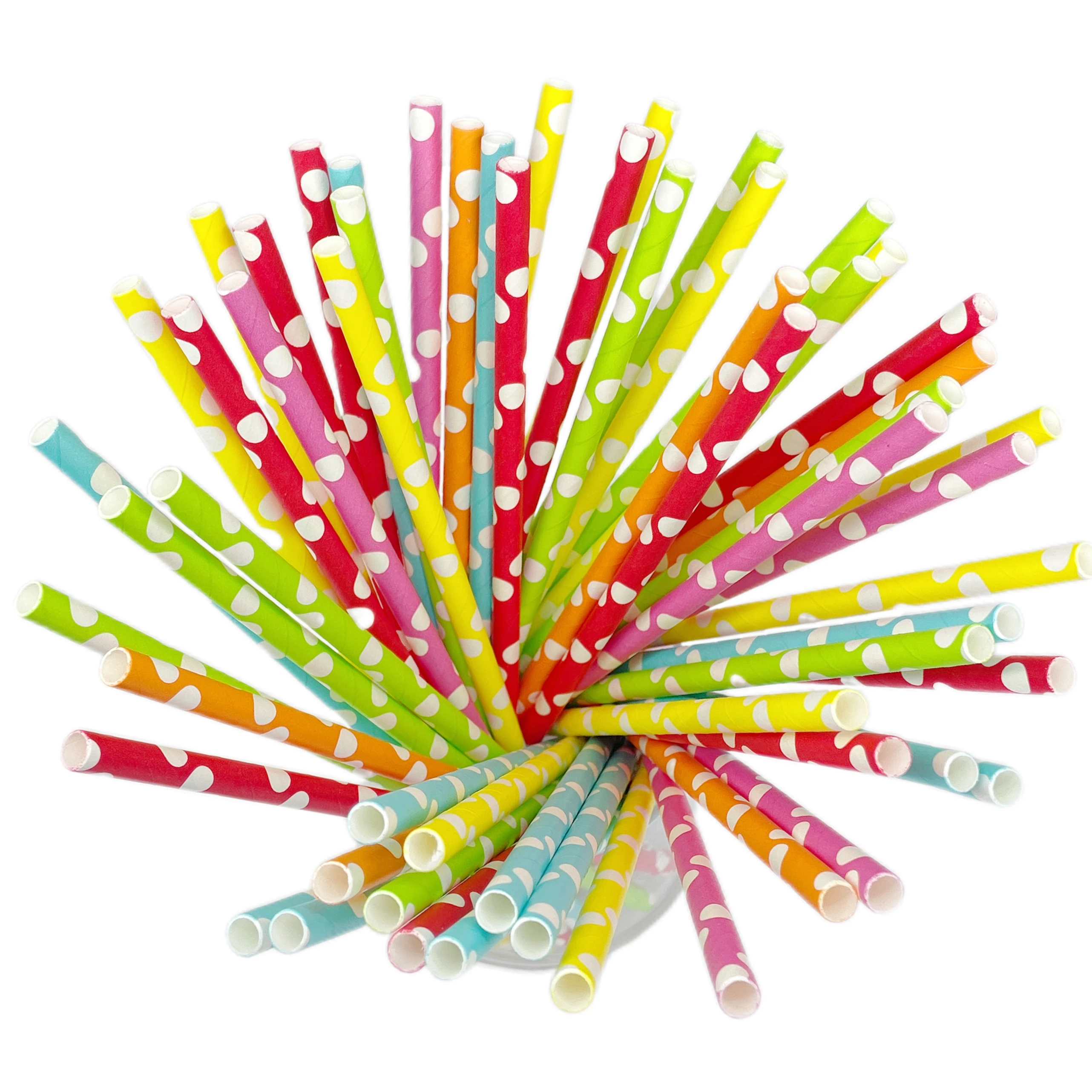 200pcs-disposable paper straws-mixed colorful polka dot pattern-length 6*197mm-environmentally friendly and biodegradable