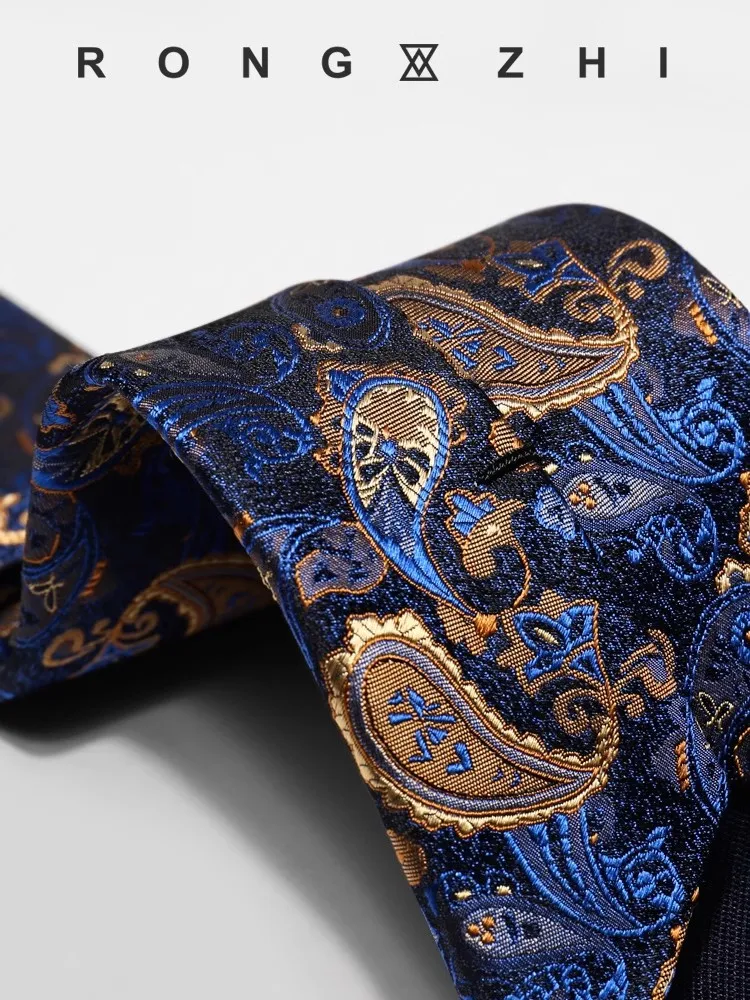 High Quality 100% Silk Blue Background Gold Cashew Flower Tie For Men's Formal Business Banquet 8cm Wide Hand Knotted Necktie