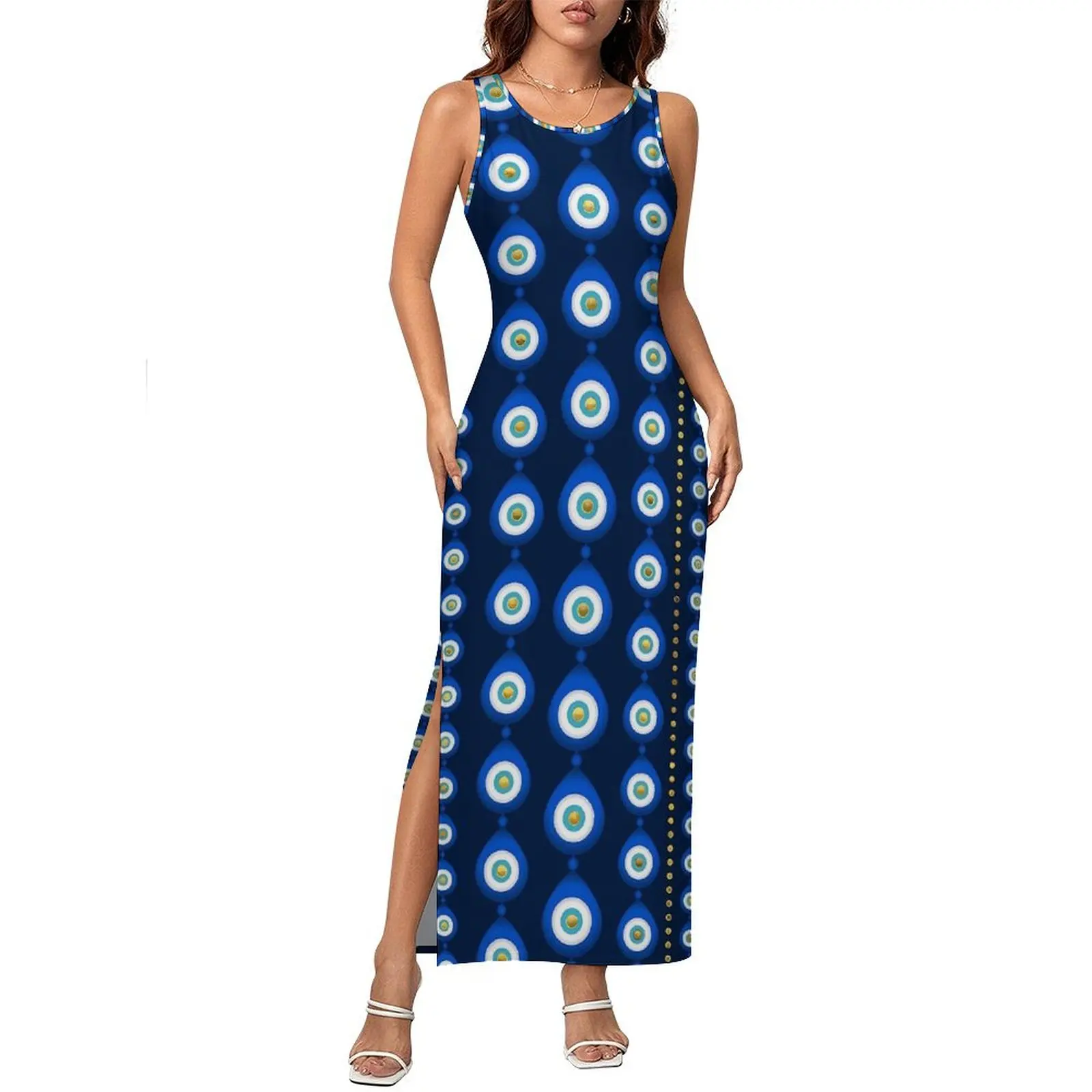 Evil Eye Kleid ärmellos blau und gold Street Wear Maxikleider lässig figurbetontes Kleid Damen Grafik Oversize Vestidos