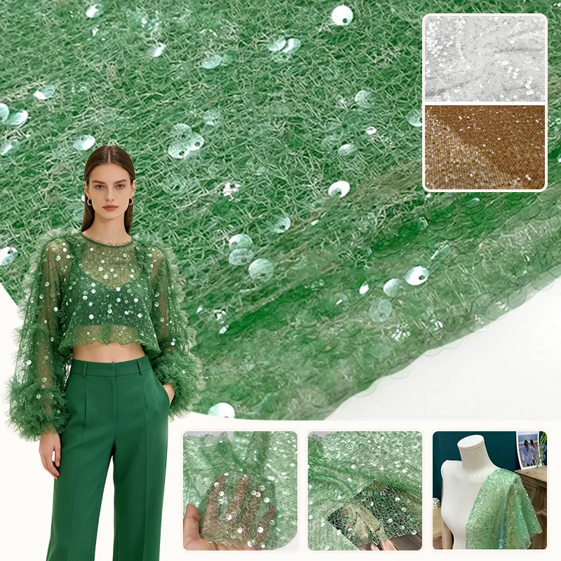 Tela brillante transparente para vestido de noche, verde claro, con lentejuelas 3D con flecos, para blusas de mujer, vestidos largos, bodas, fiestas, manualidades DIY