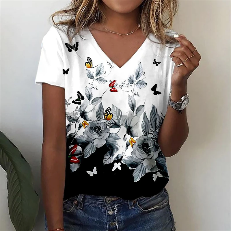 Summer Women T-Shirts 3D Butterfly Floral Print Short Sleeve V Neck Tee Large Size Women Girls Clothing Y3k T-Shirt Streetwear