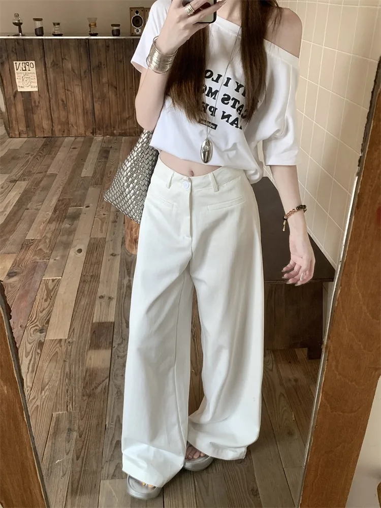 Drapowane spodnie codzienne damskie letnie uniwersalne luźne spodnie z szerokimi nogawkami białe proste spodnie spodnie