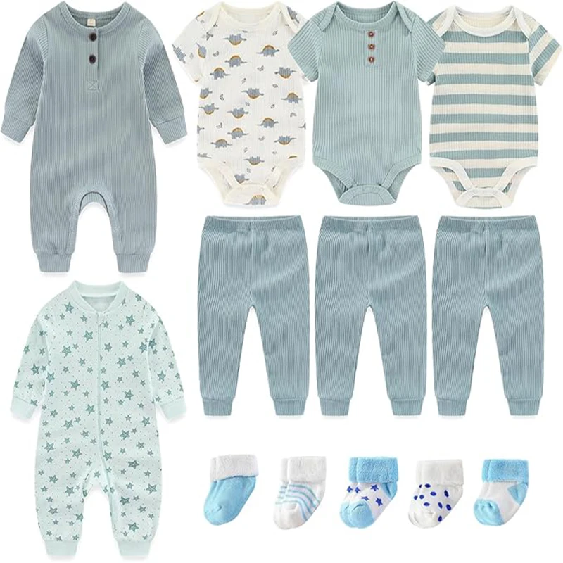 13PCS Newborn Baby Girl Clothes 0-12M Cotton Jumpsuits+Pants+Socks Sets Print Baby Boy Clothes Sets Cartoon Short Sleeve Autumn